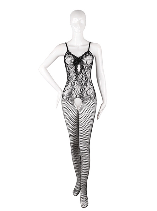 Black Hollow Mesh See-through Deep V Bow Open Crotch Suspender Jumpsuit Body Stockings Plus Size Sexy Lingerie