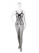 Black Hollow Mesh See-through Deep V Bow Open Crotch Suspender Jumpsuit Body Stockings Plus Size Sexy Lingerie