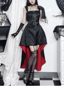 Asymmetric Sexy Lace Jacquard Fabric Chest Eyelet Lace Up Design Gothic Style Sleeveless Dress