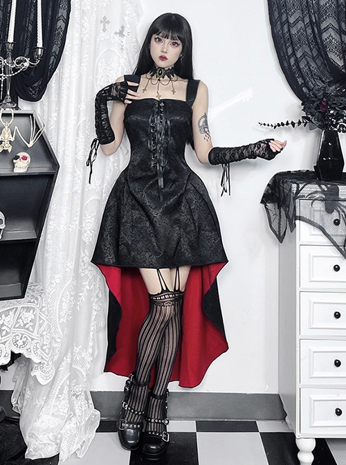 Asymmetric Sexy Lace Jacquard Fabric Chest Eyelet Lace Up Design Gothic Style Sleeveless Dress