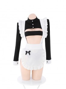 Black White Hollow Tube Top Long Sleeve Maid Outfit High Slit Snap Button Open Crotch Jumpsuit Plus Size Sexy Lingerie Set