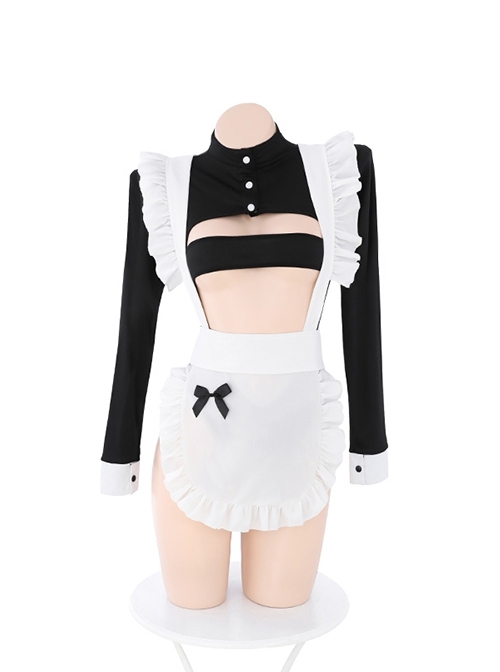Black White Hollow Tube Top Long Sleeve Maid Outfit High Slit Snap Button Open Crotch Jumpsuit Plus Size Sexy Lingerie Set
