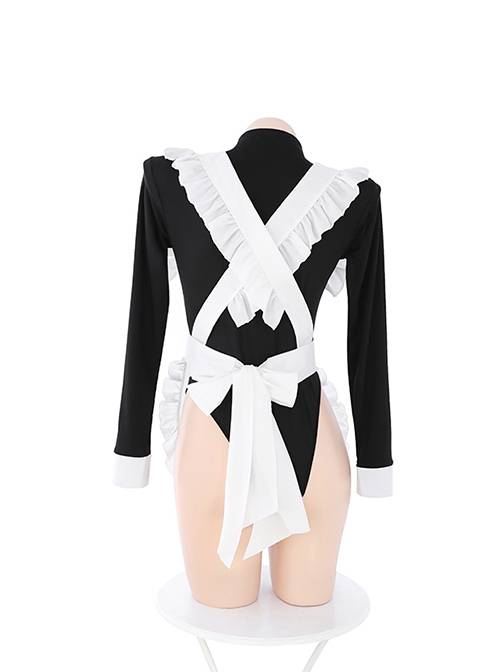 Black White Hollow Tube Top Long Sleeve Maid Outfit High Slit Snap Button Open Crotch Jumpsuit Plus Size Sexy Lingerie Set