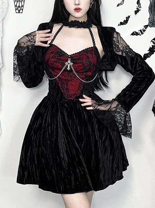 Sexy Red Lace Stitching Black Velvet Fabric Cuffs Lace Lace Decoration Gothic Style Long Sleeve Dress