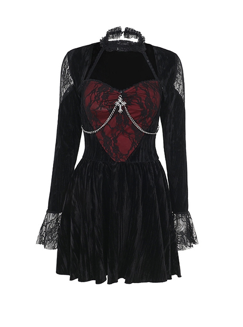 Sexy Red Lace Stitching Black Velvet Fabric Cuffs Lace Lace Decoration Gothic Style Long Sleeve Dress