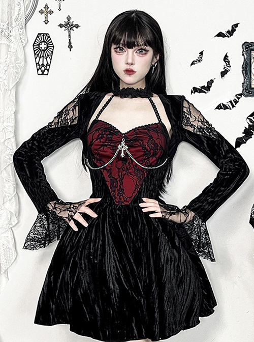 Sexy Red Lace Stitching Black Velvet Fabric Cuffs Lace Lace Decoration Gothic Style Long Sleeve Dress