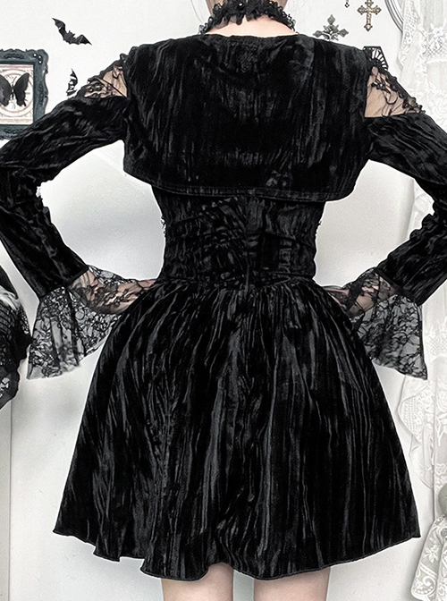 Sexy Red Lace Stitching Black Velvet Fabric Cuffs Lace Lace Decoration Gothic Style Long Sleeve Dress