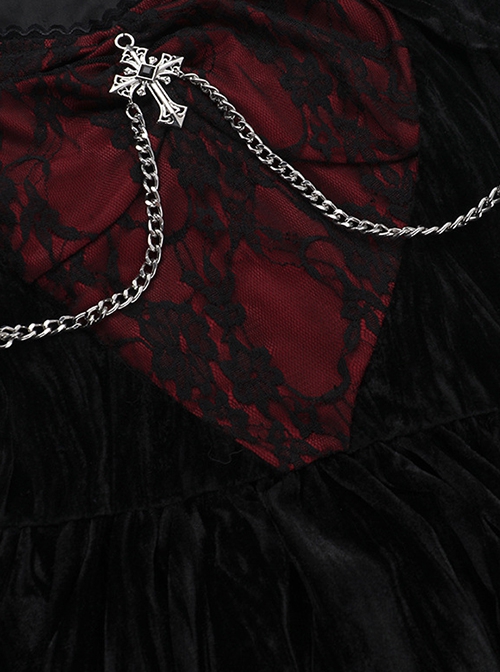 Sexy Red Lace Stitching Black Velvet Fabric Cuffs Lace Lace Decoration Gothic Style Long Sleeve Dress