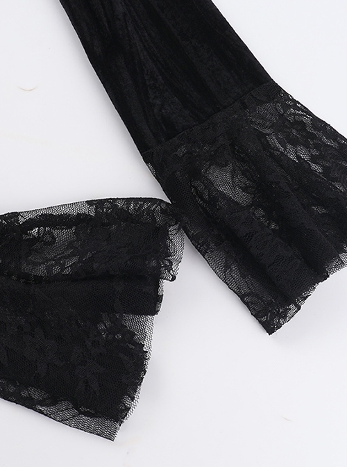 Sexy Red Lace Stitching Black Velvet Fabric Cuffs Lace Lace Decoration Gothic Style Long Sleeve Dress