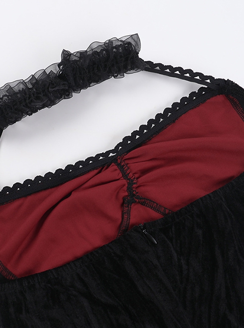 Sexy Red Lace Stitching Black Velvet Fabric Cuffs Lace Lace Decoration Gothic Style Long Sleeve Dress