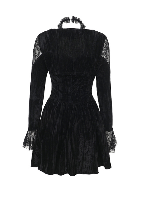 Sexy Red Lace Stitching Black Velvet Fabric Cuffs Lace Lace Decoration Gothic Style Long Sleeve Dress