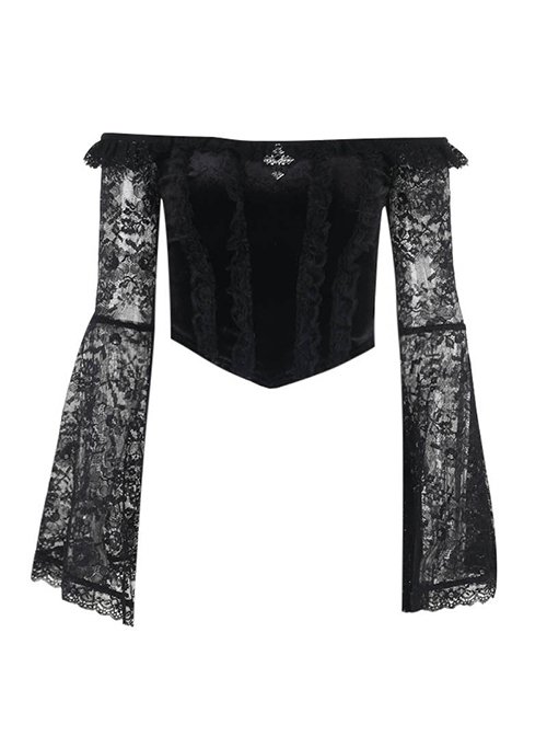 Sexy Slim Black Velvet Splicing Lace Slightly Transparent Long Sleeves Front Center Cross Decoration Gothic Style Waist Baring Top