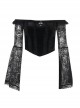 Sexy Slim Black Velvet Splicing Lace Slightly Transparent Long Sleeves Front Center Cross Decoration Gothic Style Waist Baring Top