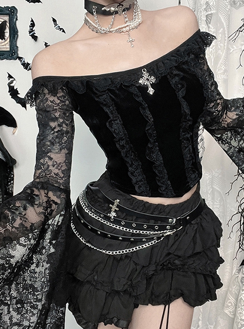 Sexy Slim Black Velvet Splicing Lace Slightly Transparent Long Sleeves Front Center Cross Decoration Gothic Style Waist Baring Top