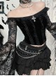 Sexy Slim Black Velvet Splicing Lace Slightly Transparent Long Sleeves Front Center Cross Decoration Gothic Style Waist Baring Top
