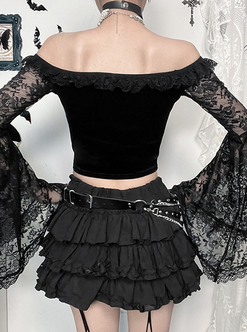 Sexy Slim Black Velvet Splicing Lace Slightly Transparent Long Sleeves Front Center Cross Decoration Gothic Style Waist Baring Top