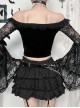 Sexy Slim Black Velvet Splicing Lace Slightly Transparent Long Sleeves Front Center Cross Decoration Gothic Style Waist Baring Top