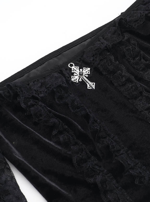 Sexy Slim Black Velvet Splicing Lace Slightly Transparent Long Sleeves Front Center Cross Decoration Gothic Style Waist Baring Top