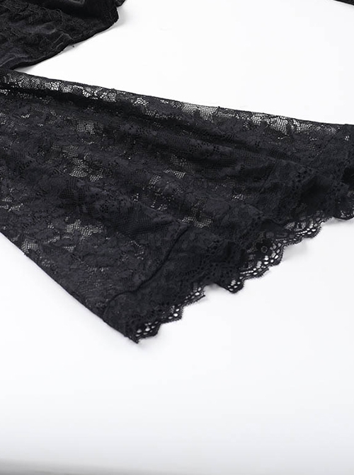 Sexy Slim Black Velvet Splicing Lace Slightly Transparent Long Sleeves Front Center Cross Decoration Gothic Style Waist Baring Top