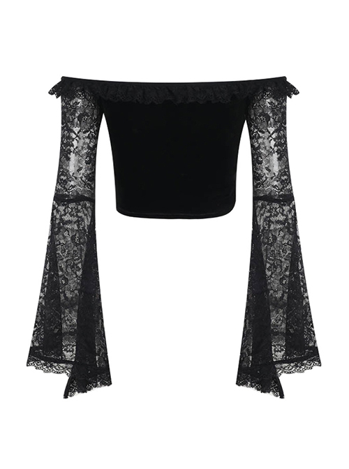 Sexy Slim Black Velvet Splicing Lace Slightly Transparent Long Sleeves Front Center Cross Decoration Gothic Style Waist Baring Top