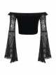 Sexy Slim Black Velvet Splicing Lace Slightly Transparent Long Sleeves Front Center Cross Decoration Gothic Style Waist Baring Top