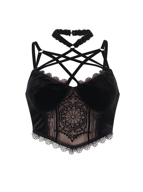 Black Sexy Flocking Splicing Micro Transparent Printed Mesh Pattern With Exquisite Lace Decoration Punk Style Halter Neck Vest