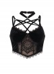 Black Sexy Flocking Splicing Micro Transparent Printed Mesh Pattern With Exquisite Lace Decoration Punk Style Halter Neck Vest