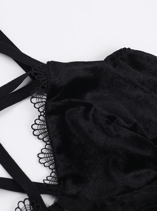 Black Sexy Flocking Splicing Micro Transparent Printed Mesh Pattern With Exquisite Lace Decoration Punk Style Halter Neck Vest