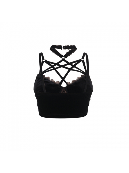 Black Sexy Flocking Splicing Micro Transparent Printed Mesh Pattern With Exquisite Lace Decoration Punk Style Halter Neck Vest