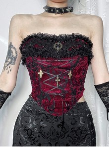Retro Red Woven Front Center Exquisite Gem With Cross Decoration Punk Style Lace Versatile Corset