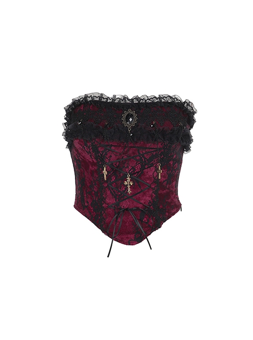 Retro Red Woven Front Center Exquisite Gem With Cross Decoration Punk Style Lace Versatile Corset