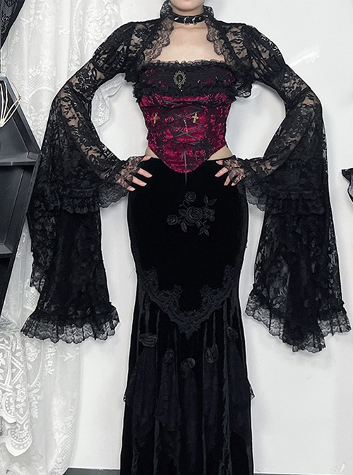 Retro Red Woven Front Center Exquisite Gem With Cross Decoration Punk Style Lace Versatile Corset