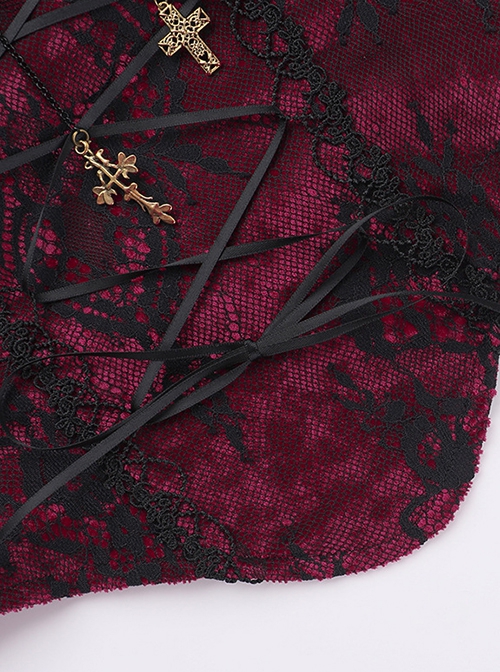 Retro Red Woven Front Center Exquisite Gem With Cross Decoration Punk Style Lace Versatile Corset