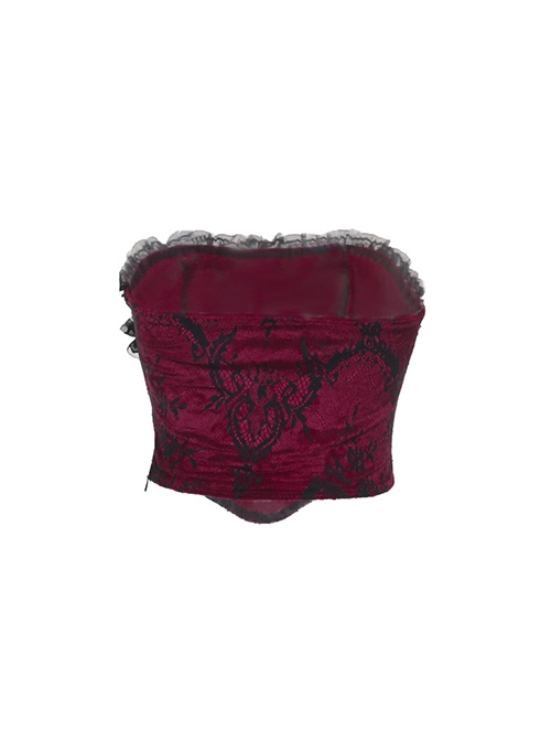 Retro Red Woven Front Center Exquisite Gem With Cross Decoration Punk Style Lace Versatile Corset