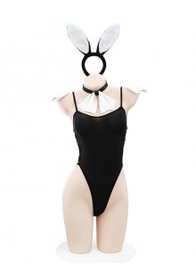 Deep U Low-cut Cute Black Bunny Girl Side Metal Rings Suspender Bodysuit Plus Size Sexy Lingerie Set