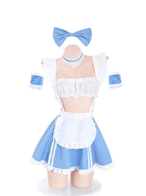 Blue White Sweet Ruffle Tube Top Slit Hem Backless Maid Outfit Plus Size Sexy Lingerie Set