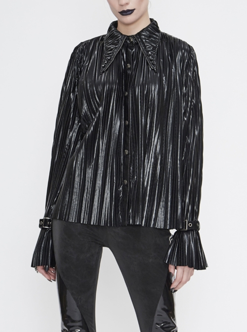 Black Bright Pleated Pointed Collar Leather Loops Metal Buckles Cuff Punk Blouse