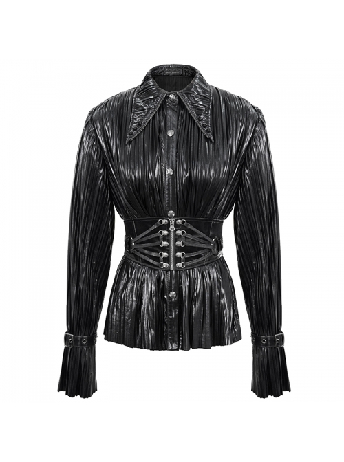 Black Bright Pleated Pointed Collar Leather Loops Metal Buckles Cuff Punk Blouse