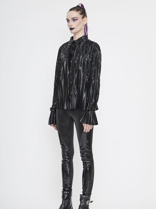Black Bright Pleated Pointed Collar Leather Loops Metal Buckles Cuff Punk Blouse