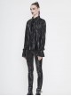 Black Bright Pleated Pointed Collar Leather Loops Metal Buckles Cuff Punk Blouse