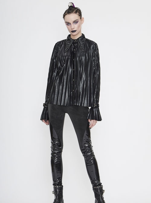 Black Bright Pleated Pointed Collar Leather Loops Metal Buckles Cuff Punk Blouse
