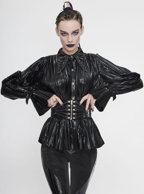Black Bright Pleated Pointed Collar Leather Loops Metal Buckles Cuff Punk Blouse