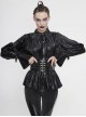 Black Bright Pleated Pointed Collar Leather Loops Metal Buckles Cuff Punk Blouse