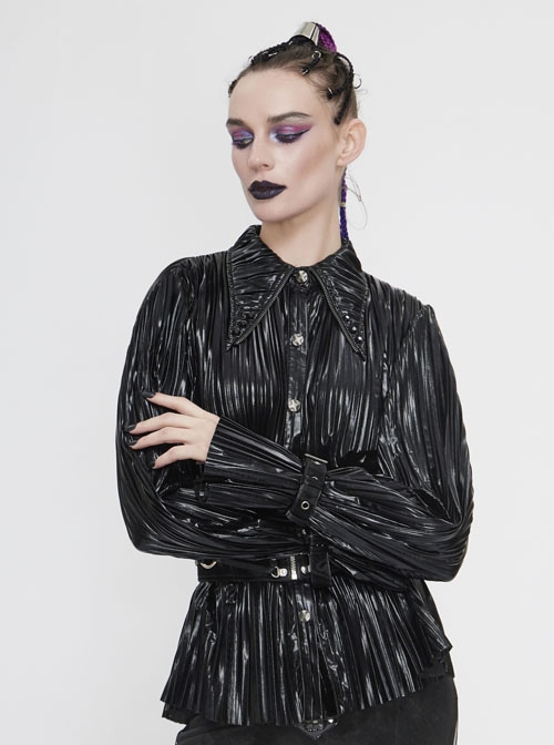 Black Bright Pleated Pointed Collar Leather Loops Metal Buckles Cuff Punk Blouse