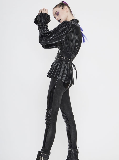 Black Bright Pleated Pointed Collar Leather Loops Metal Buckles Cuff Punk Blouse