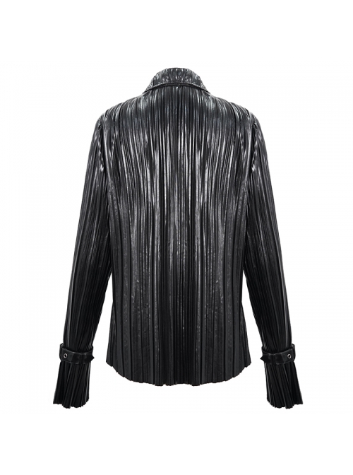 Black Bright Pleated Pointed Collar Leather Loops Metal Buckles Cuff Punk Blouse