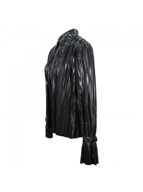 Black Bright Pleated Pointed Collar Leather Loops Metal Buckles Cuff Punk Blouse
