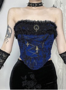 Retro Blue Woven Front Center Exquisite Gem With Cross Decoration Punk Style Lace Versatile Corset