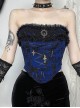 Retro Blue Woven Front Center Exquisite Gem With Cross Decoration Punk Style Lace Versatile Corset