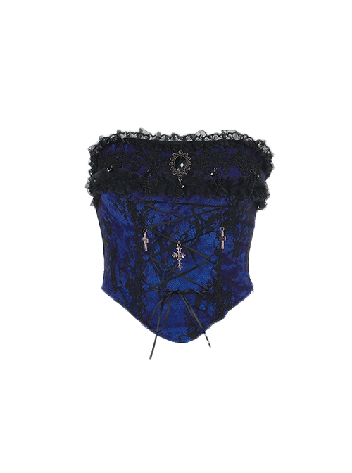 Retro Blue Woven Front Center Exquisite Gem With Cross Decoration Punk Style Lace Versatile Corset